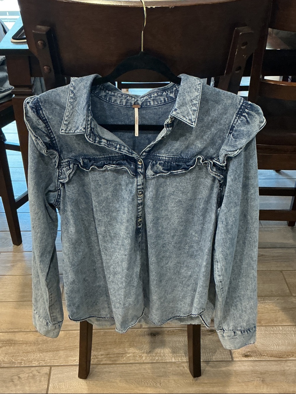 Free People Light Wash Denim Ruffle-Trim Button Down Shirt